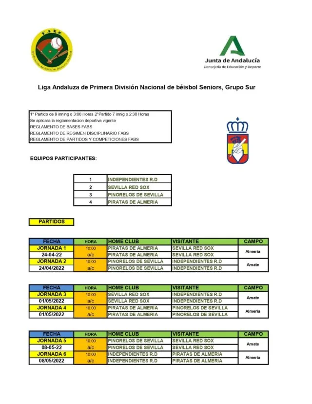 Calendario Liga Andaluza de Primera división Nacional de béisbol Seniors 2022, Grupo sur